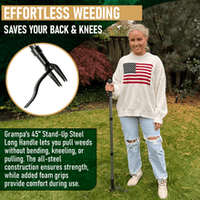 Load image into Gallery viewer, Grampa&#39;s Metal Weeder long handle stand up weed puller. Weeder tool that removes weeds without bending pulling or kneeling. Weed puller tool. Grandpas Weeder.