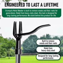 Load image into Gallery viewer, Grampa&#39;s Metal Weeder long handle stand up weed puller. Weeder tool that removes weeds without bending pulling or kneeling. Weed puller tool. Grandpas Weeder.