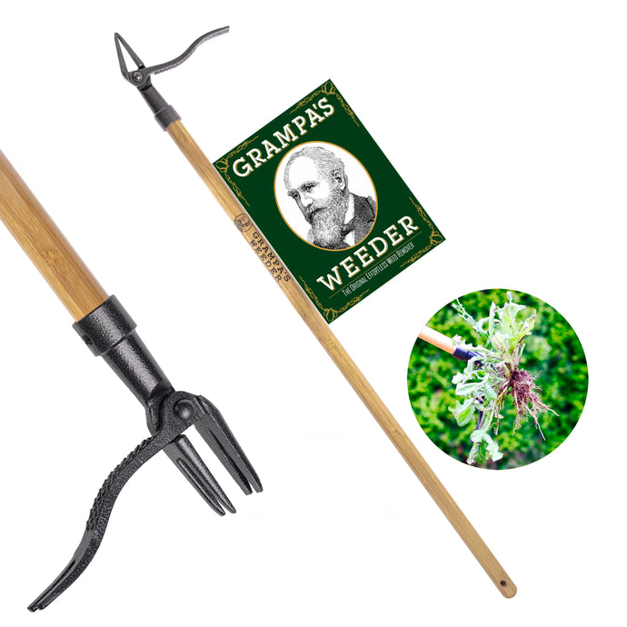 Grampa's Weeder. The Original Stand Up Weed Puller. Remove Lawn & Garden Weeds. Uproot Weed Remover. Dandelion Puller. 4 claw Deluxe Weed Remover. No bend weeder. Long handled weeding tool.