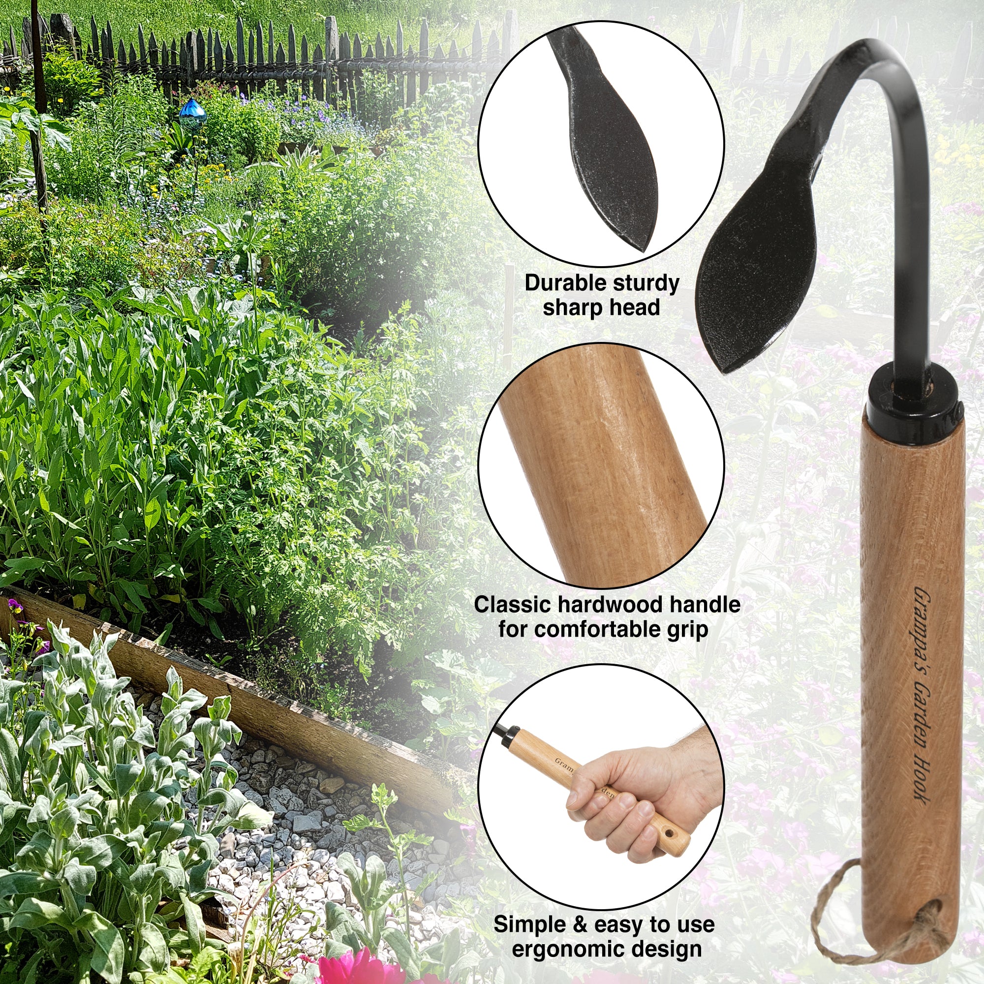  Garden Rake with Ergonomic Wooden Handle for Firm